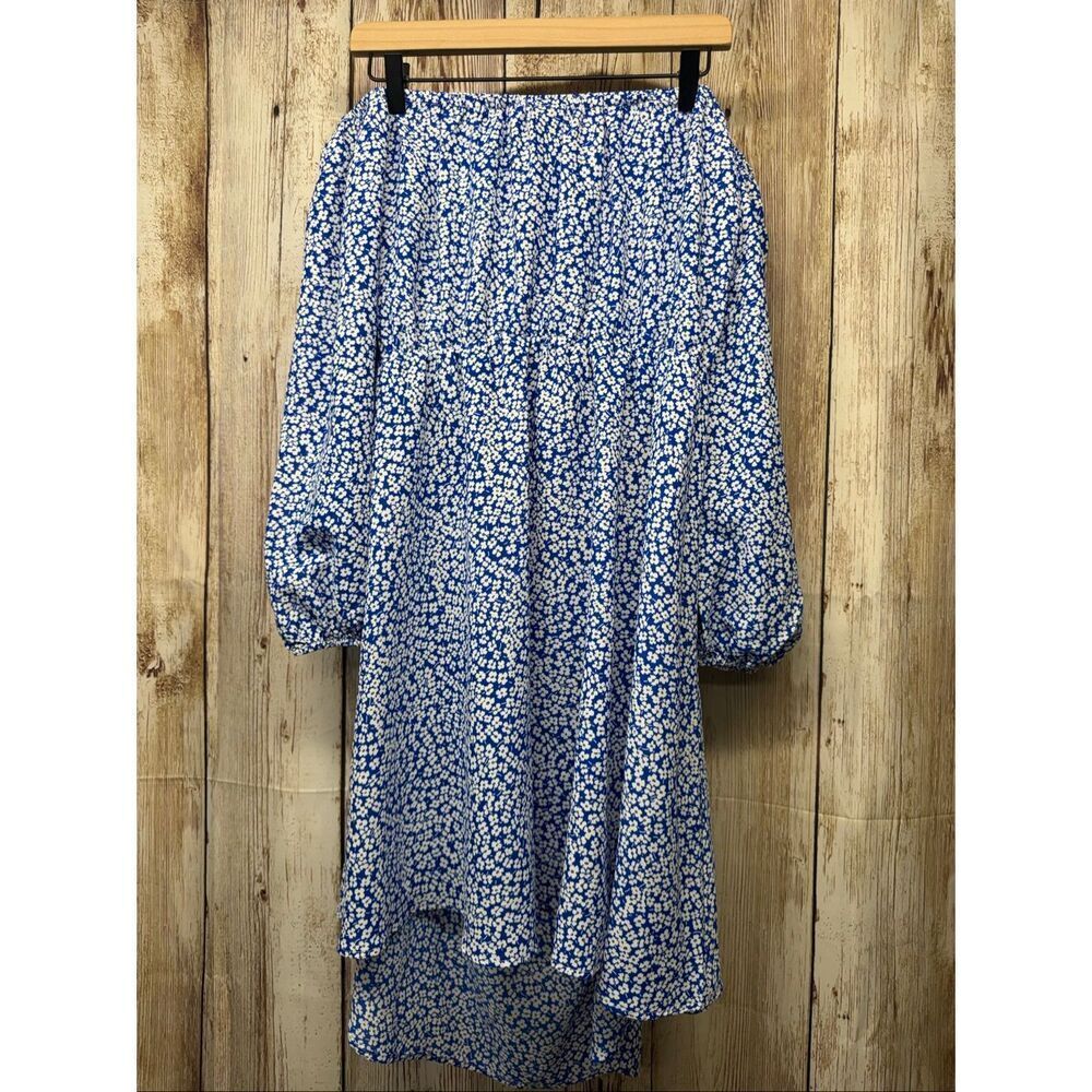 SHEIN Ditsy Floral Blue Short Waist Cut Out Off The Shoulder Summer Beach Dress - Picture 2 of 6